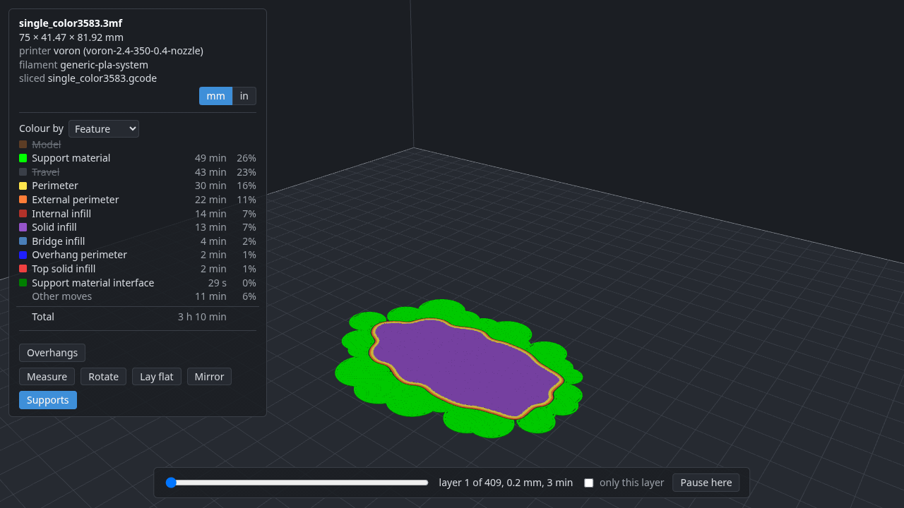 deli view in a browser: a sliced model with organic supports building up layer by layer, coloured by what each extrusion is for; the supports hidden and shown again from the legend; then one layer at a time